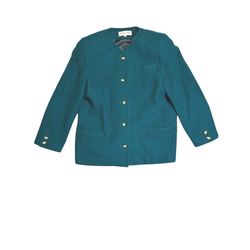 Kristen Blake Vintage Green Wool Mohair Blazer Jacket Size 14 Gold Buttons